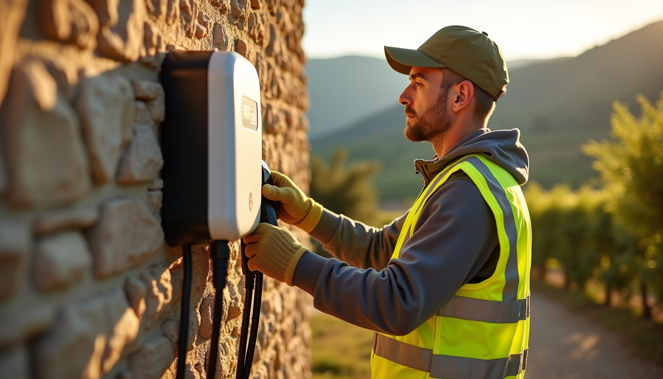Électricien en train d’installer une borne de recharge à Alzonne