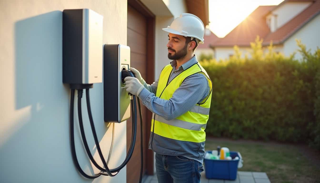 Électricien en train d'installer une borne de recharge à Anould