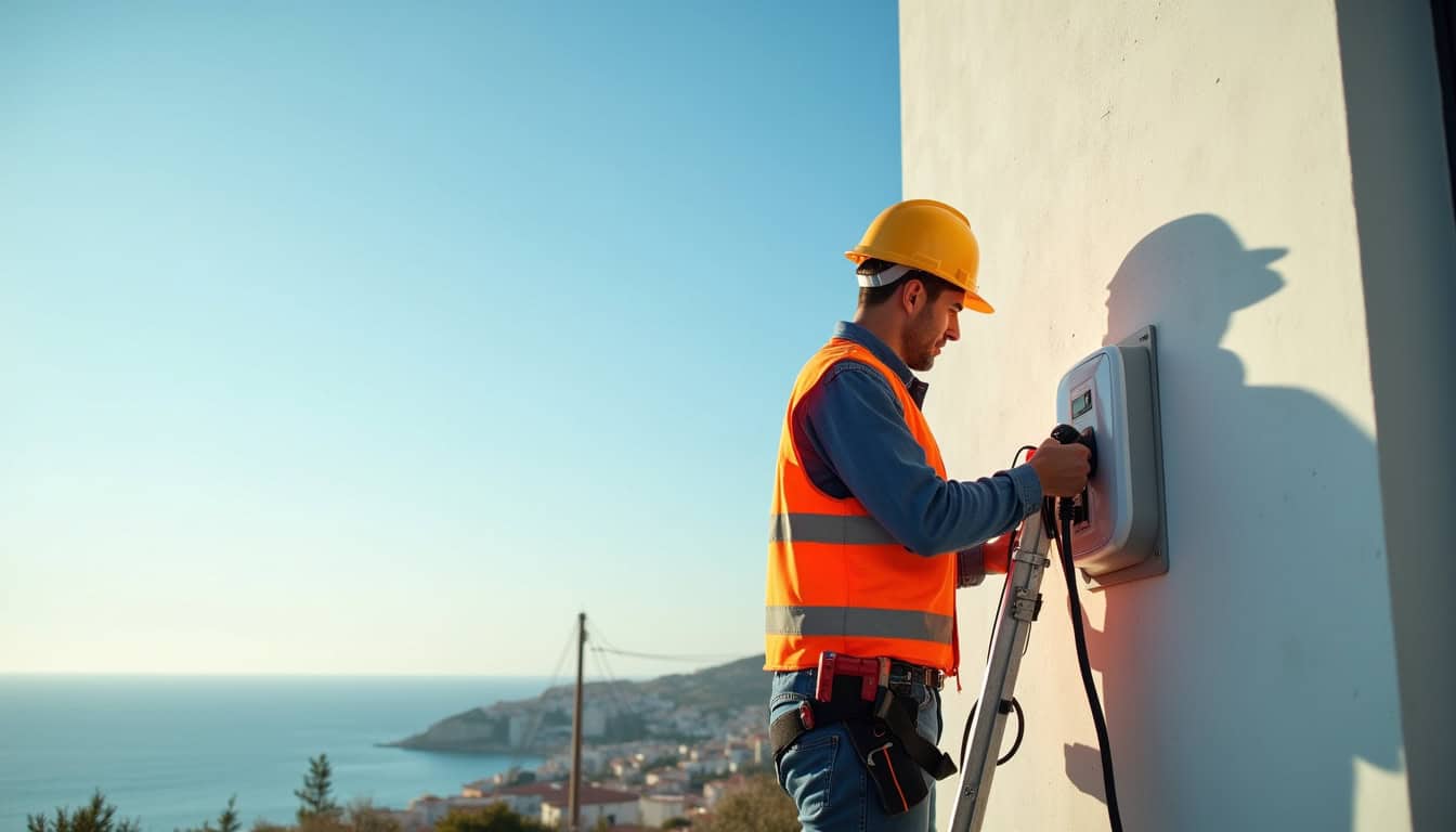 Électricien en train d'installer une borne de recharge à Bastia