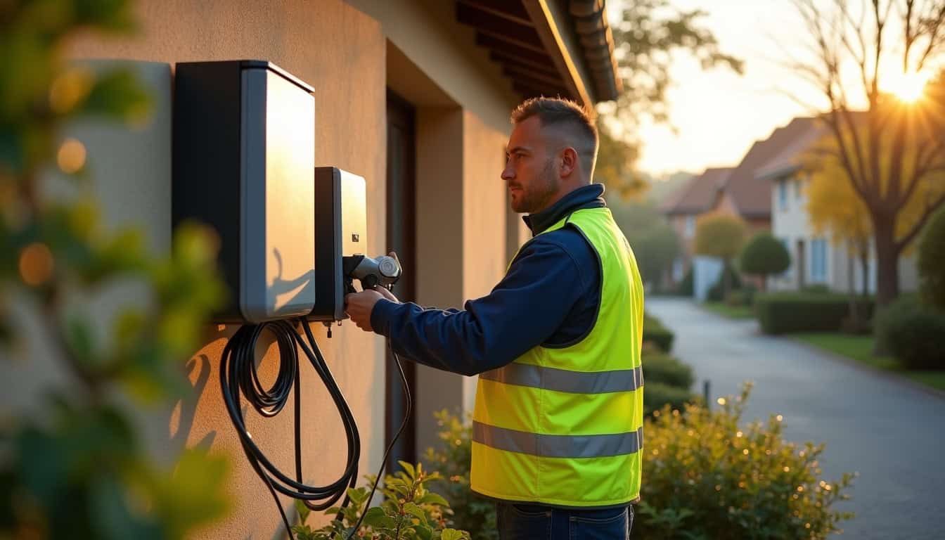 Électricien en train d'installer une borne de recharge à Bosroumois