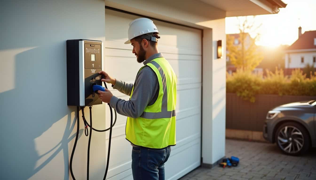 Électricien en train d'installer une borne de recharge à Brumath
