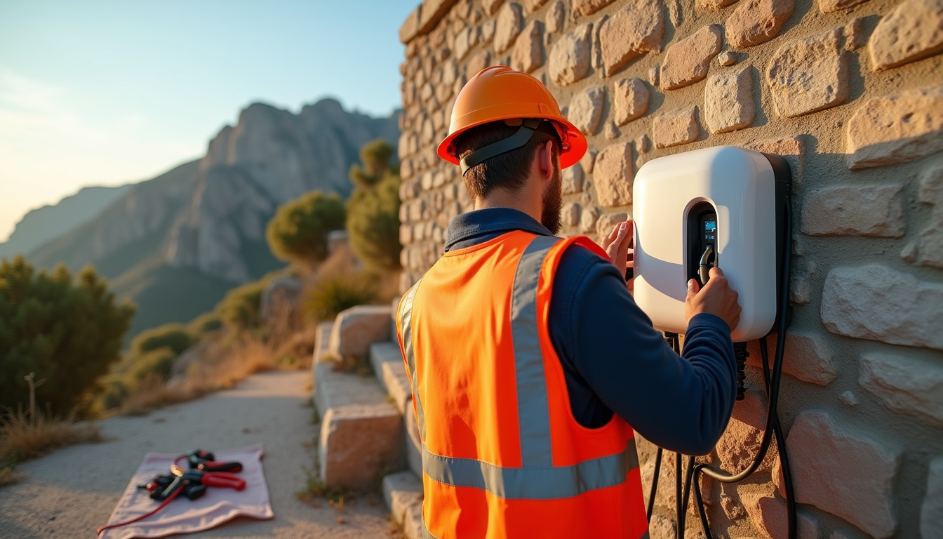 Électricien en train d’installer une borne de recharge à Calenzana