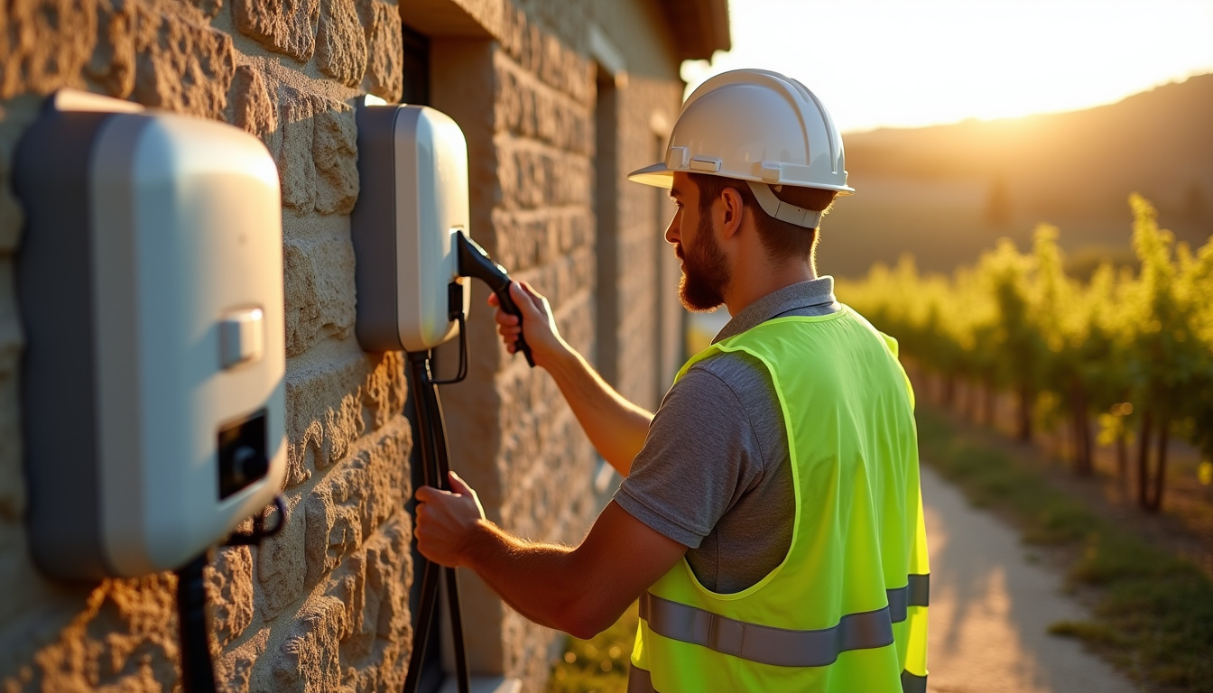 Électricien en train d'installer une borne de recharge à Cézac