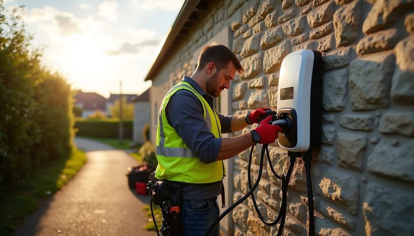 Électricien en train d'installer une borne de recharge à Coray