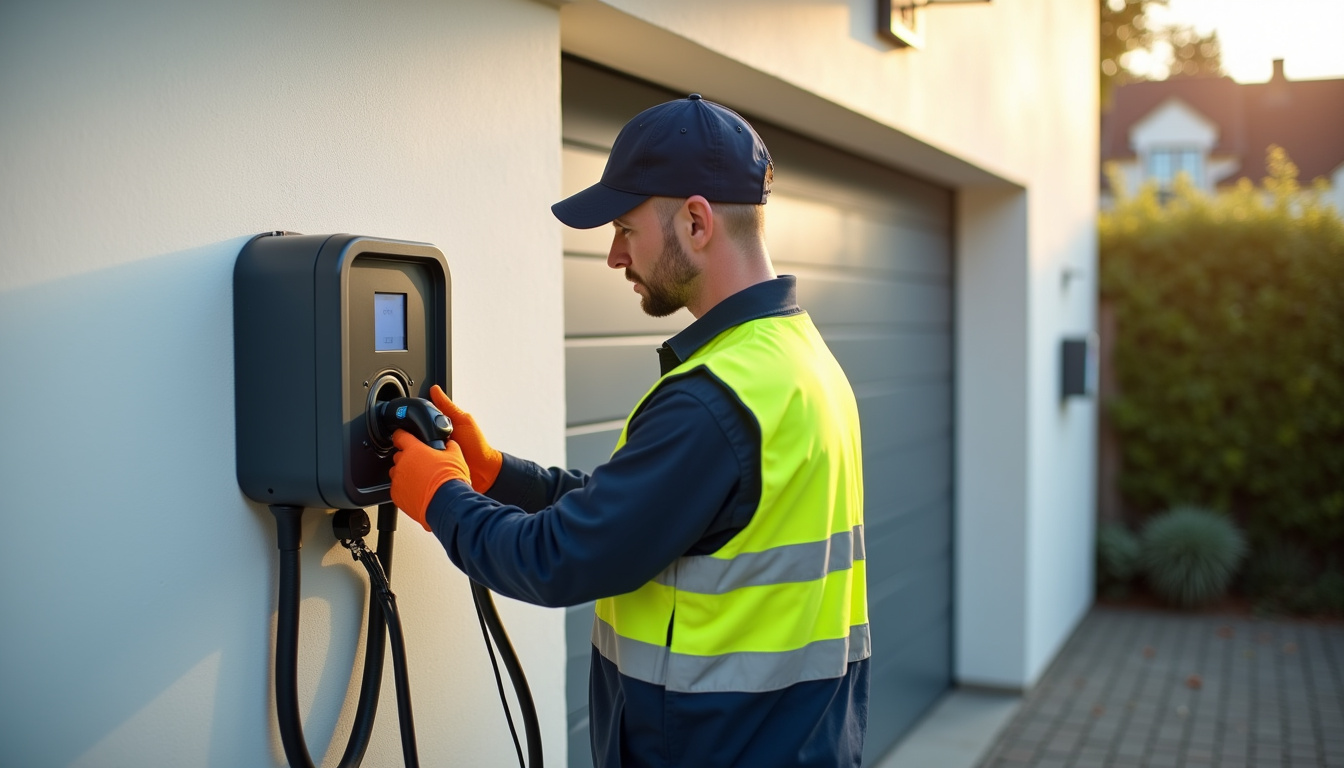 Électricien en train d'installer une borne de recharge à Crolles