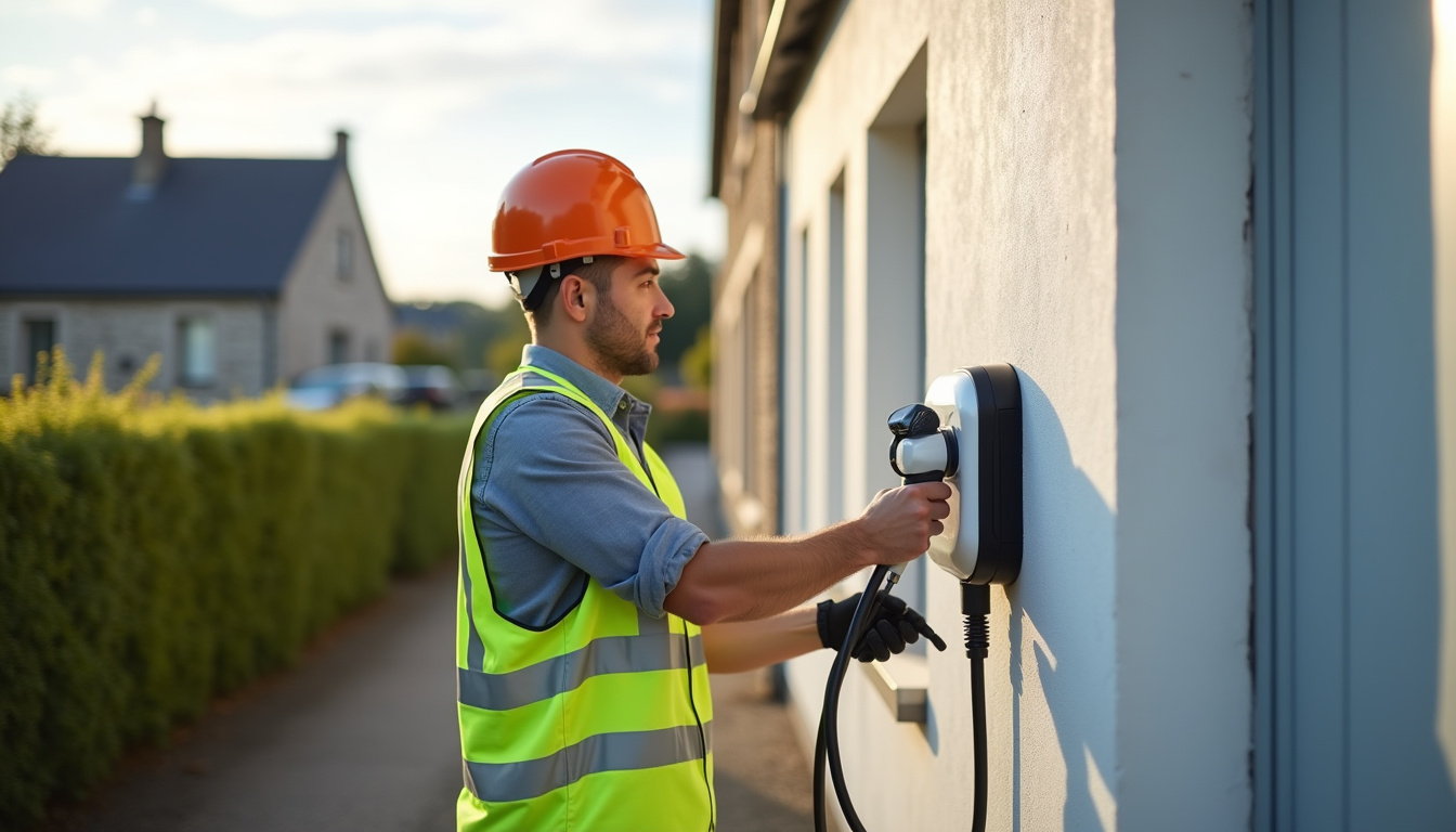 Électricien en train d'installer une borne de recharge à Dirinon