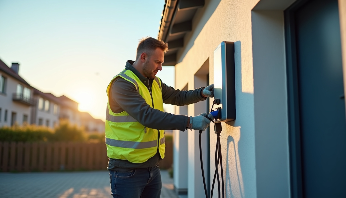 Électricien en train d'installer une borne de recharge à Douai, à proximité de Gouy-sous-Bellonne