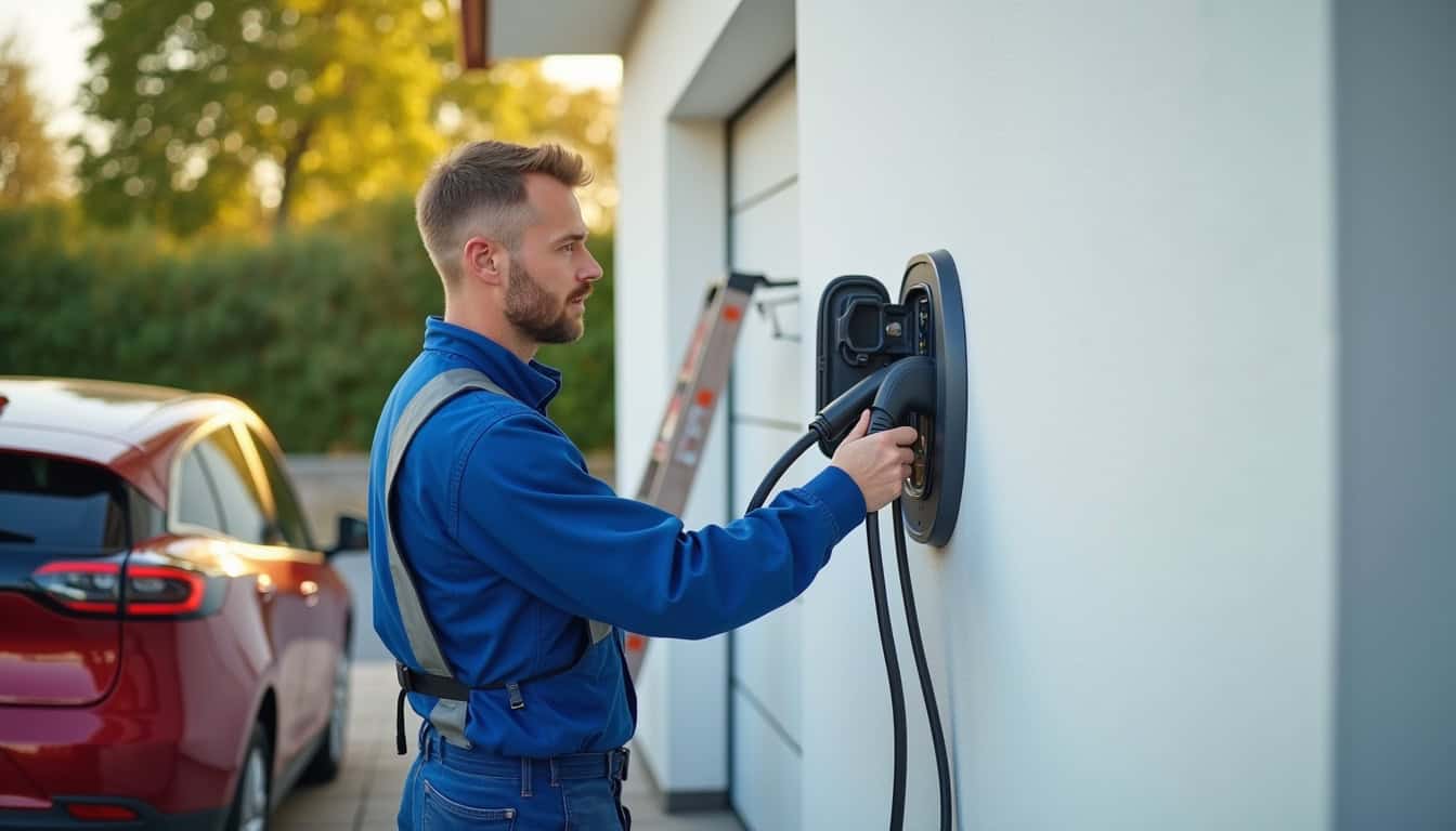 Électricien en train d'installer une borne de recharge à Drémil-Lafage