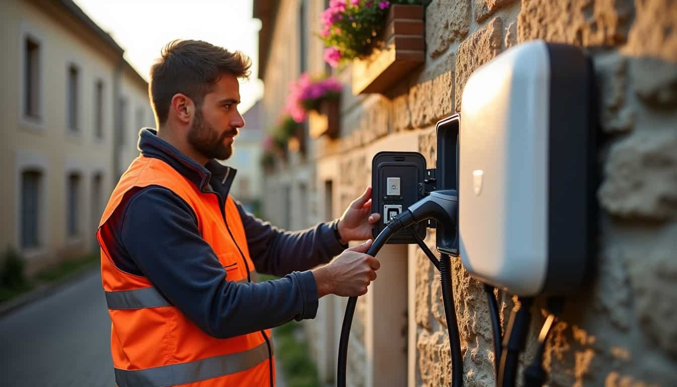 Électricien en train d'installer une borne de recharge à Ivry-la-Bataille