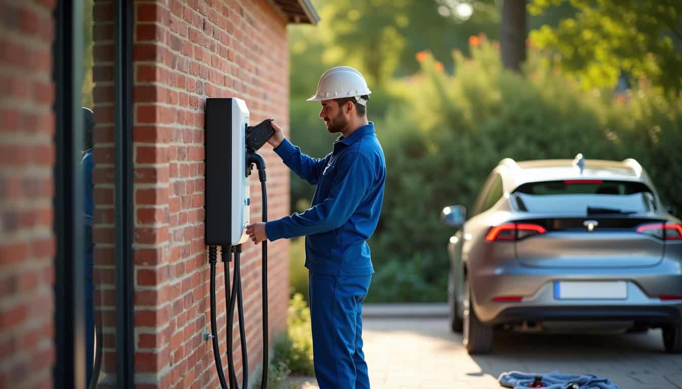 Électricien en train d'installer une borne de recharge à Mauves