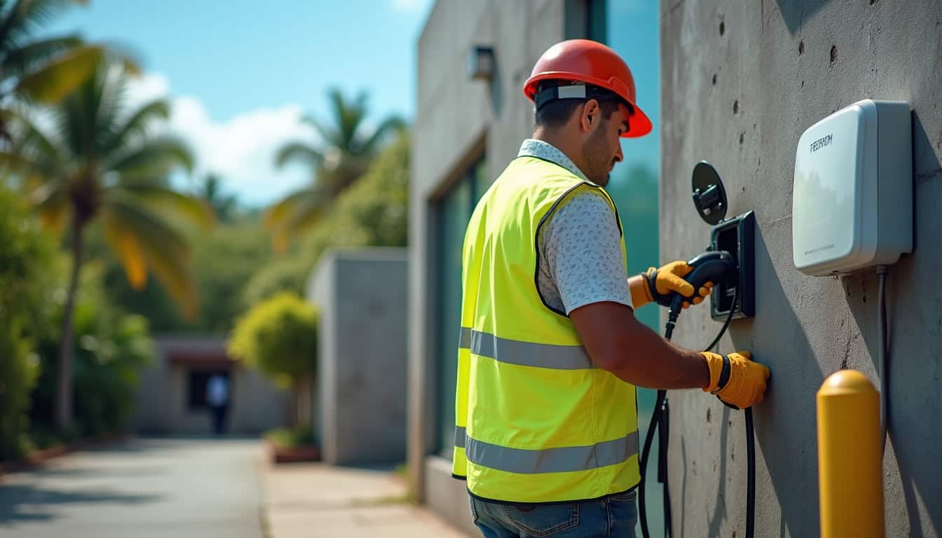 Électricien en train d'installer une borne de recharge à Mayotte