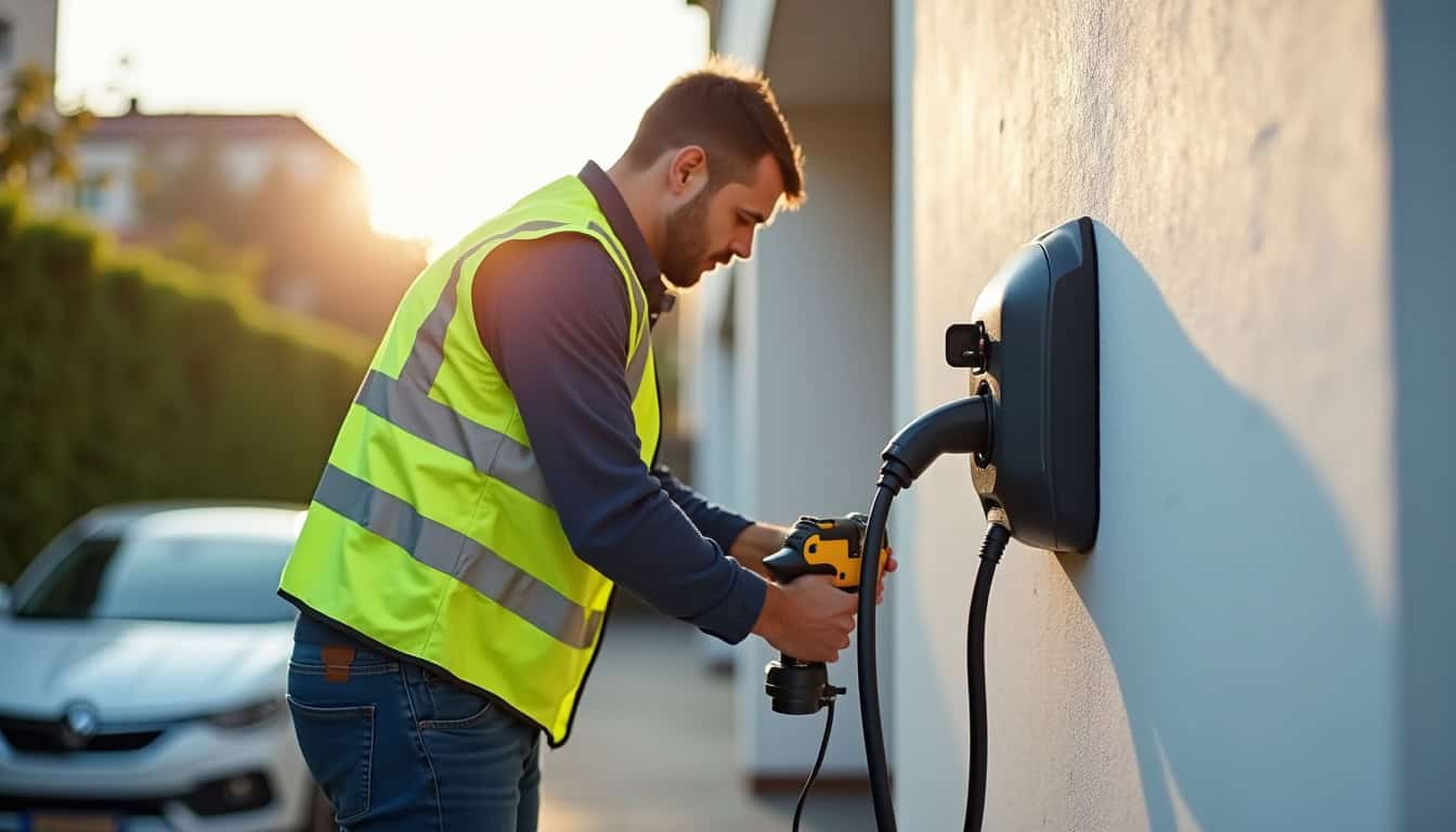Électricien en train d'installer une borne de recharge à Méru