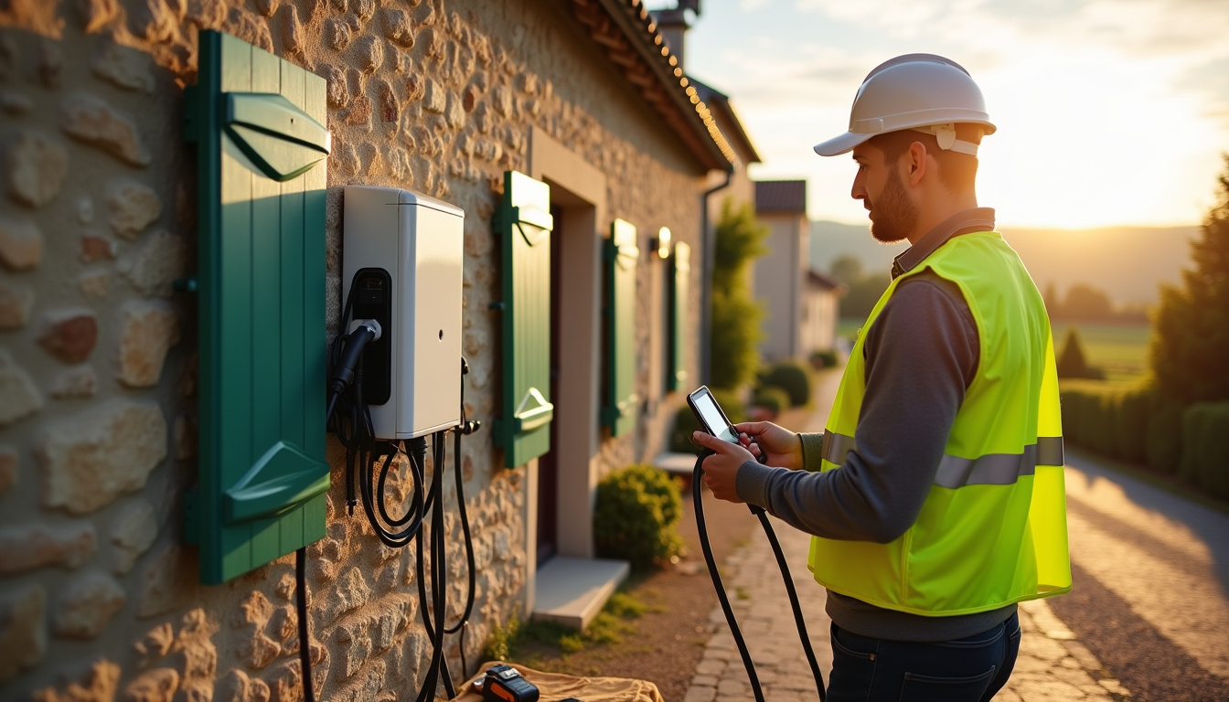 Électricien en train d'installer une borne de recharge à Mouliets-et-Villemartin