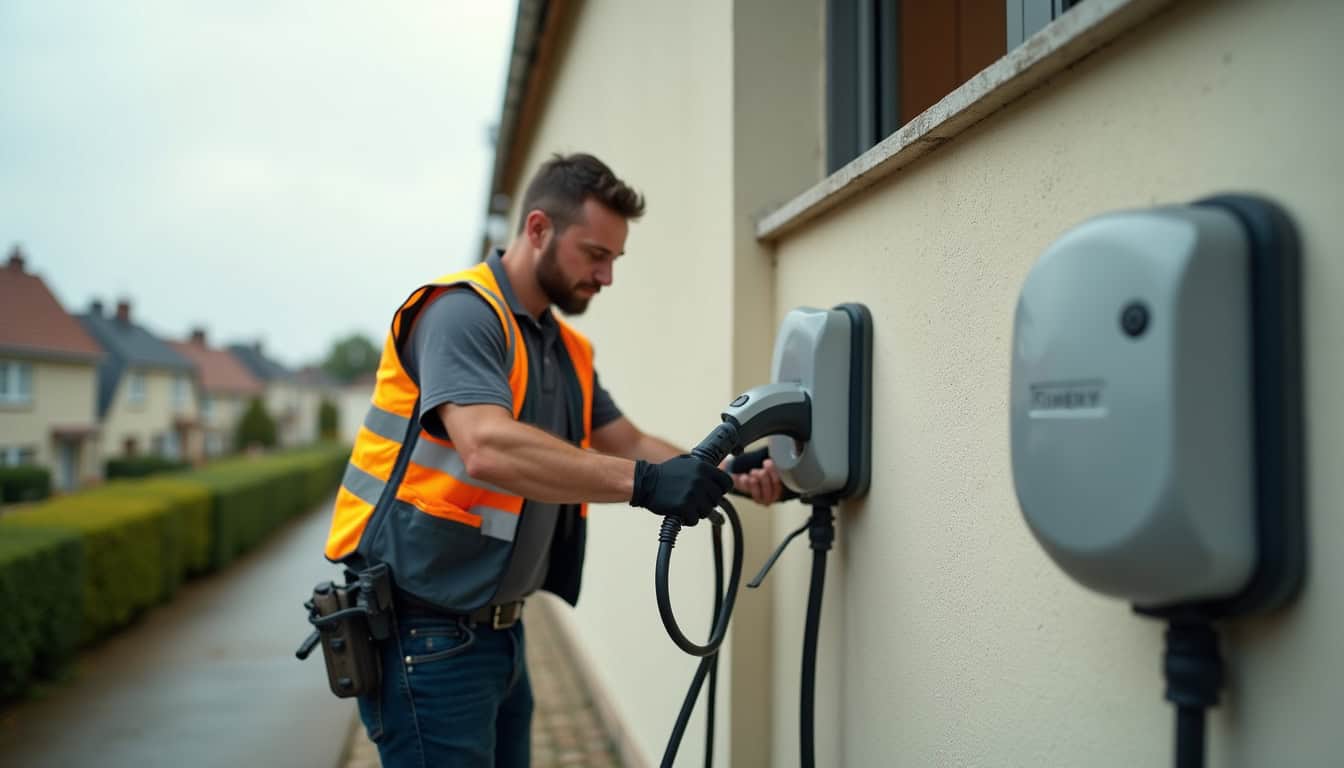 Électricien en train d’installer une borne de recharge à Oye-Plage