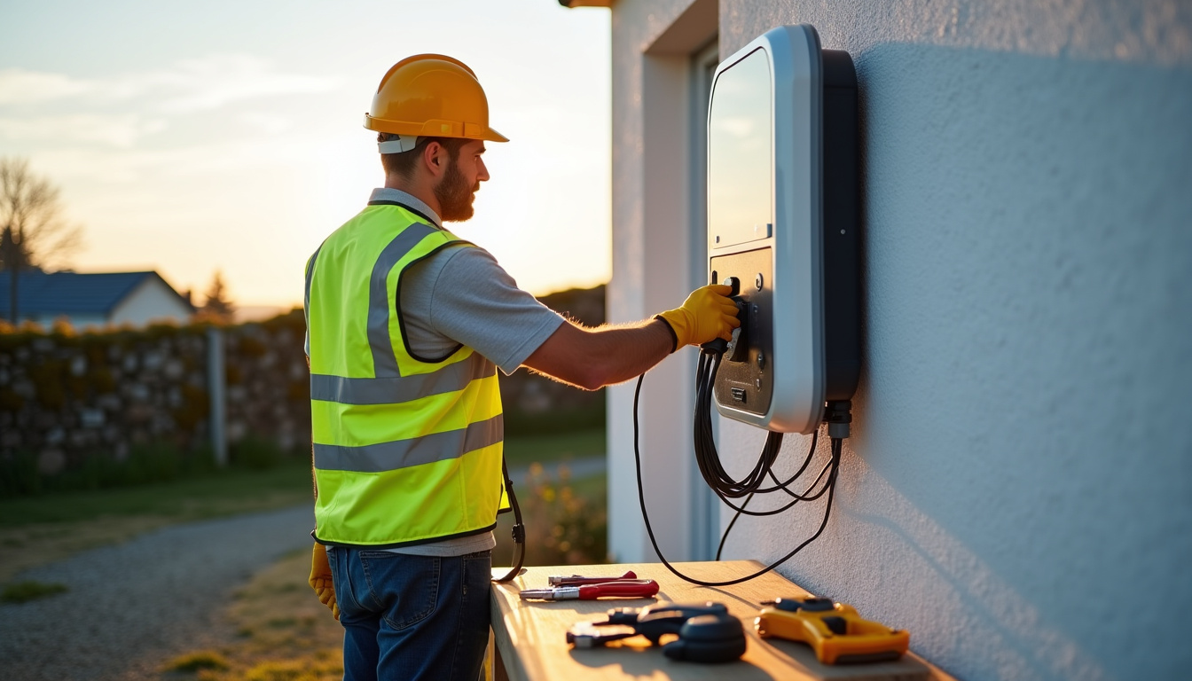 Électricien en train d'installer une borne de recharge à Plabennec