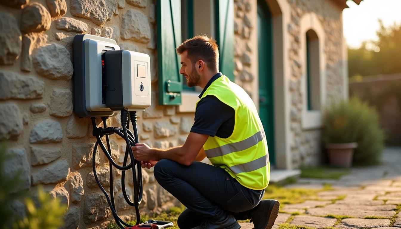 Électricien en train d'installer une borne de recharge à Pluduno