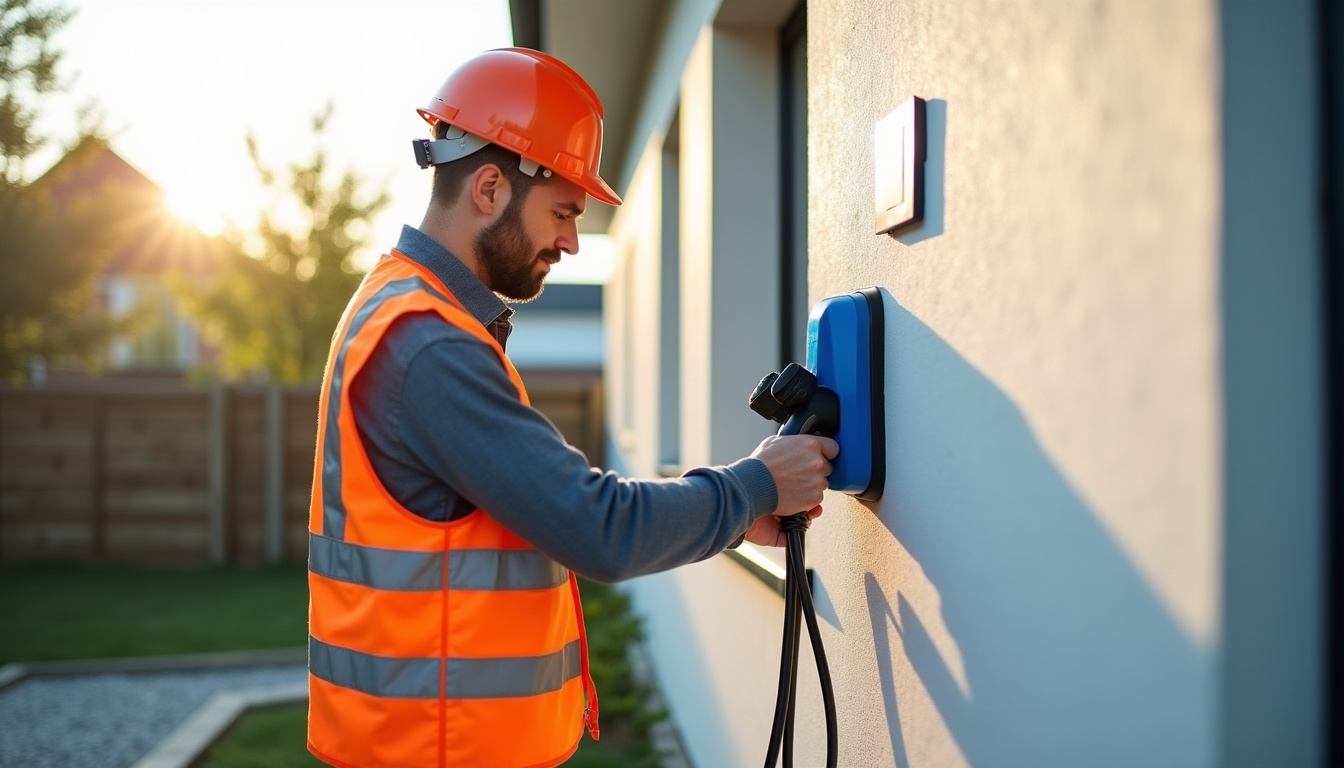Électricien en train d'installer une borne de recharge à Pluvigner