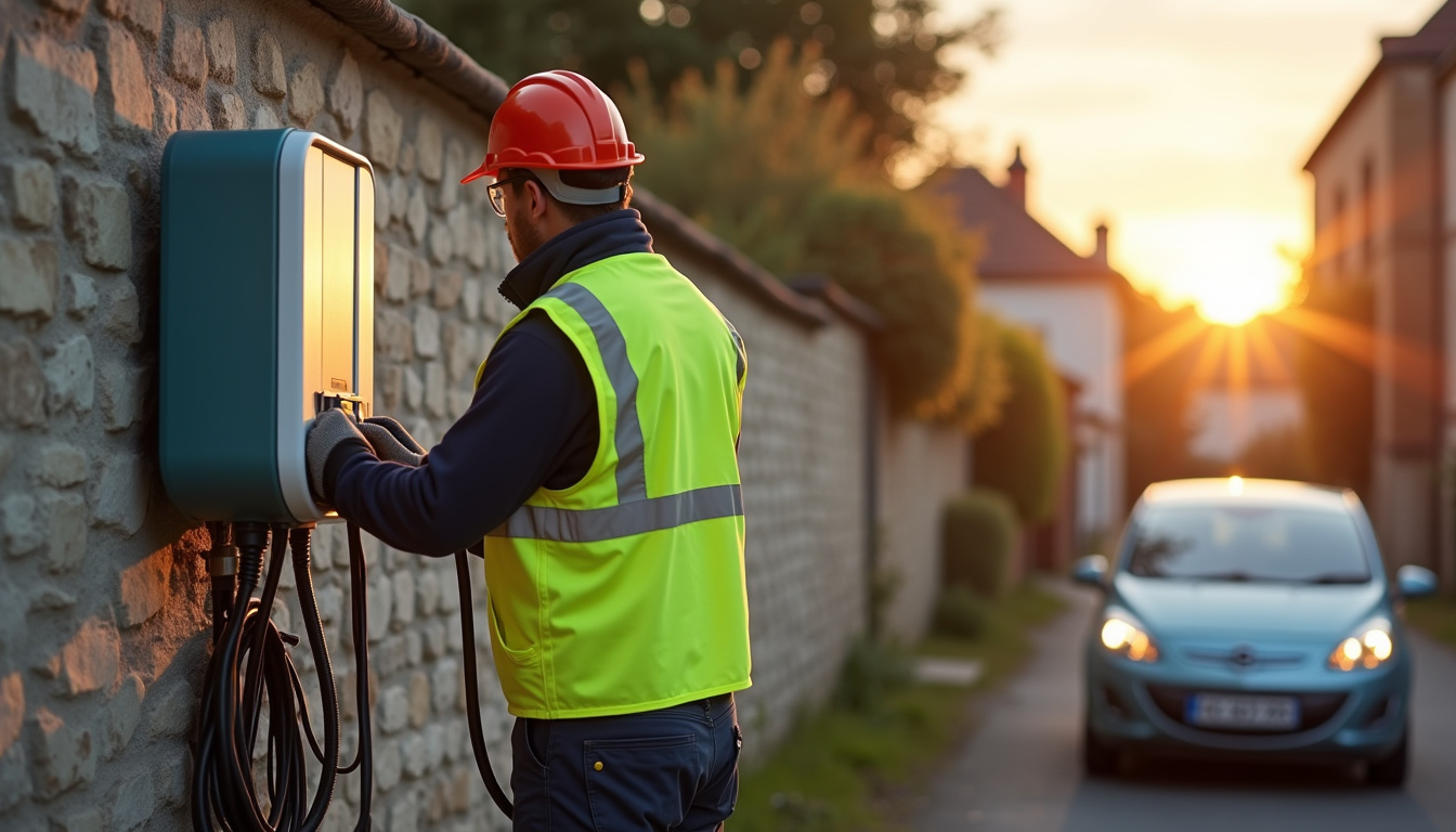Électricien en train d'installer une borne de recharge à Pontfaverger-Moronvilliers