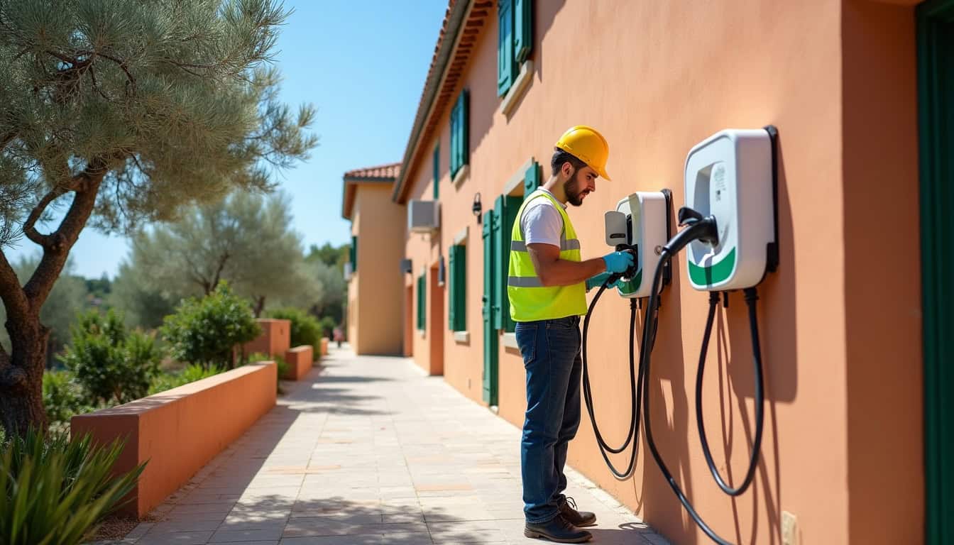 Électricien en train d'installer une borne de recharge à Porto-Vecchio