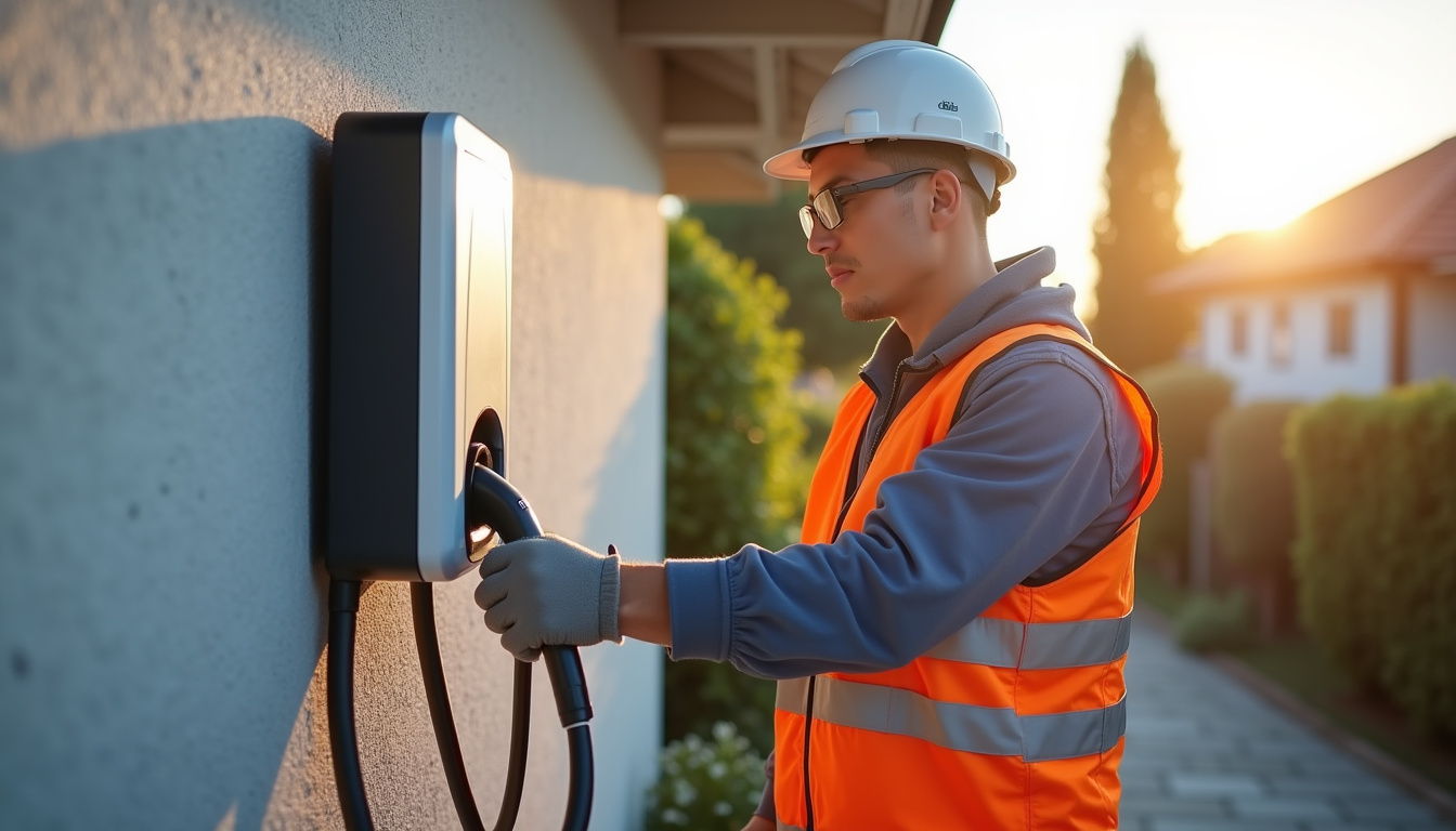 Électricien en train d'installer une borne de recharge à Prouvy