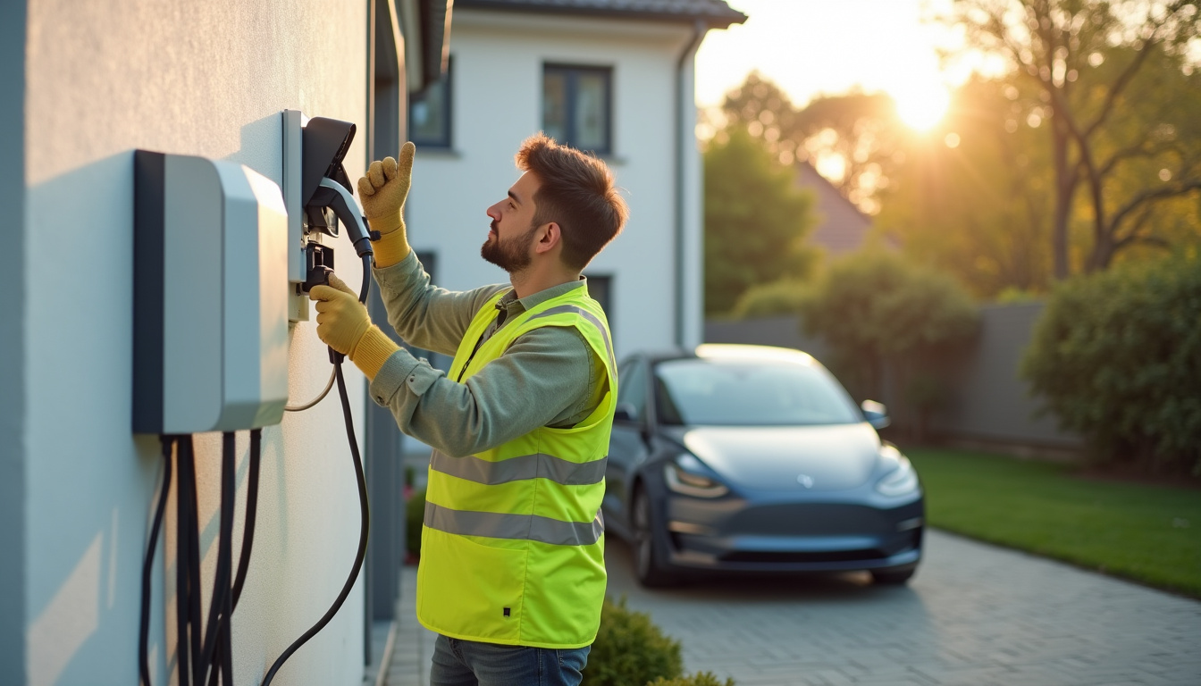 Électricien en train d'installer une borne de recharge à Quend