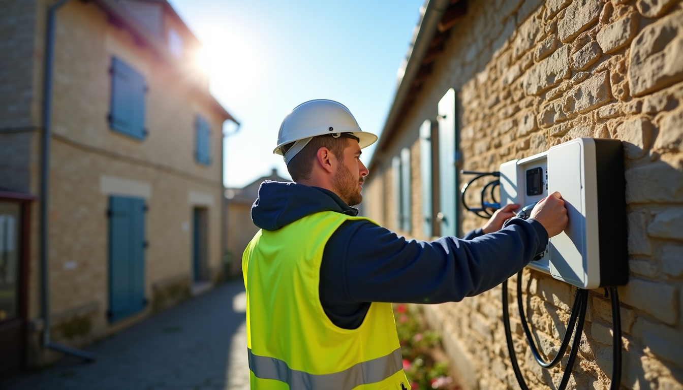 Électricien en train d'installer une borne de recharge à Saint-Bris-le-Vineux