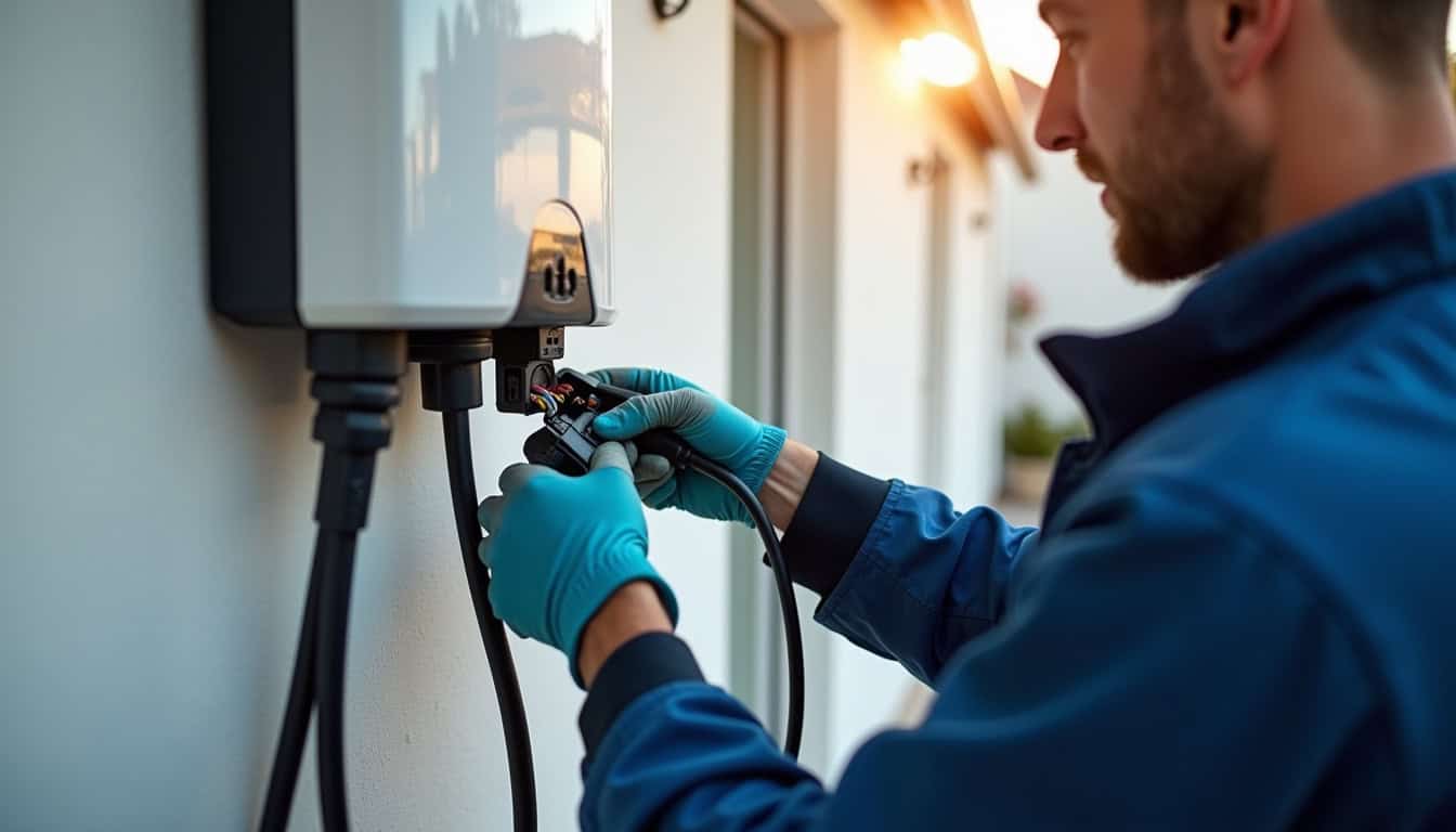 Électricien en train d'installer une borne de recharge à Saint-Jean-de-Maurienne