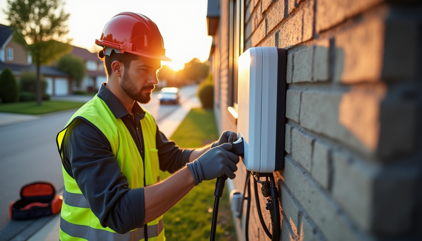 Électricien en train d'installer une borne de recharge à Saint-Maximin
