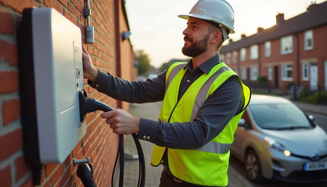 Électricien en train d’installer une borne de recharge à Sallaumines