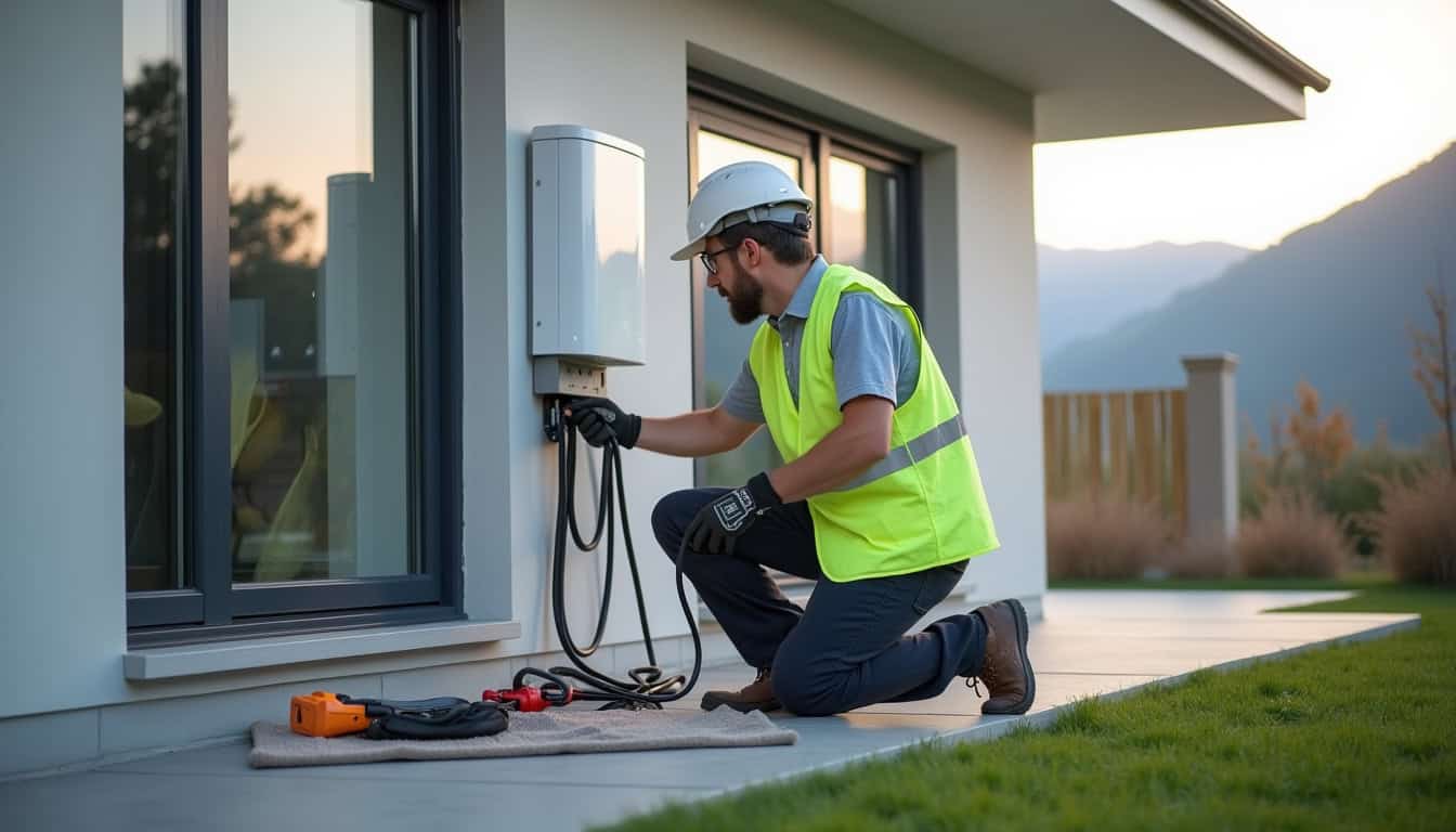 Électricien en train d'installer une borne de recharge à Sonnay