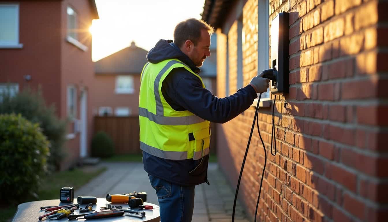 Électricien en train d'installer une borne de recharge à Tallard