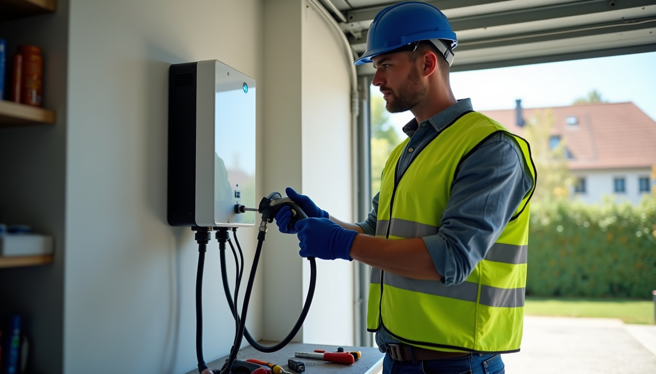 Électricien en train d’installer une borne de recharge à Ternay