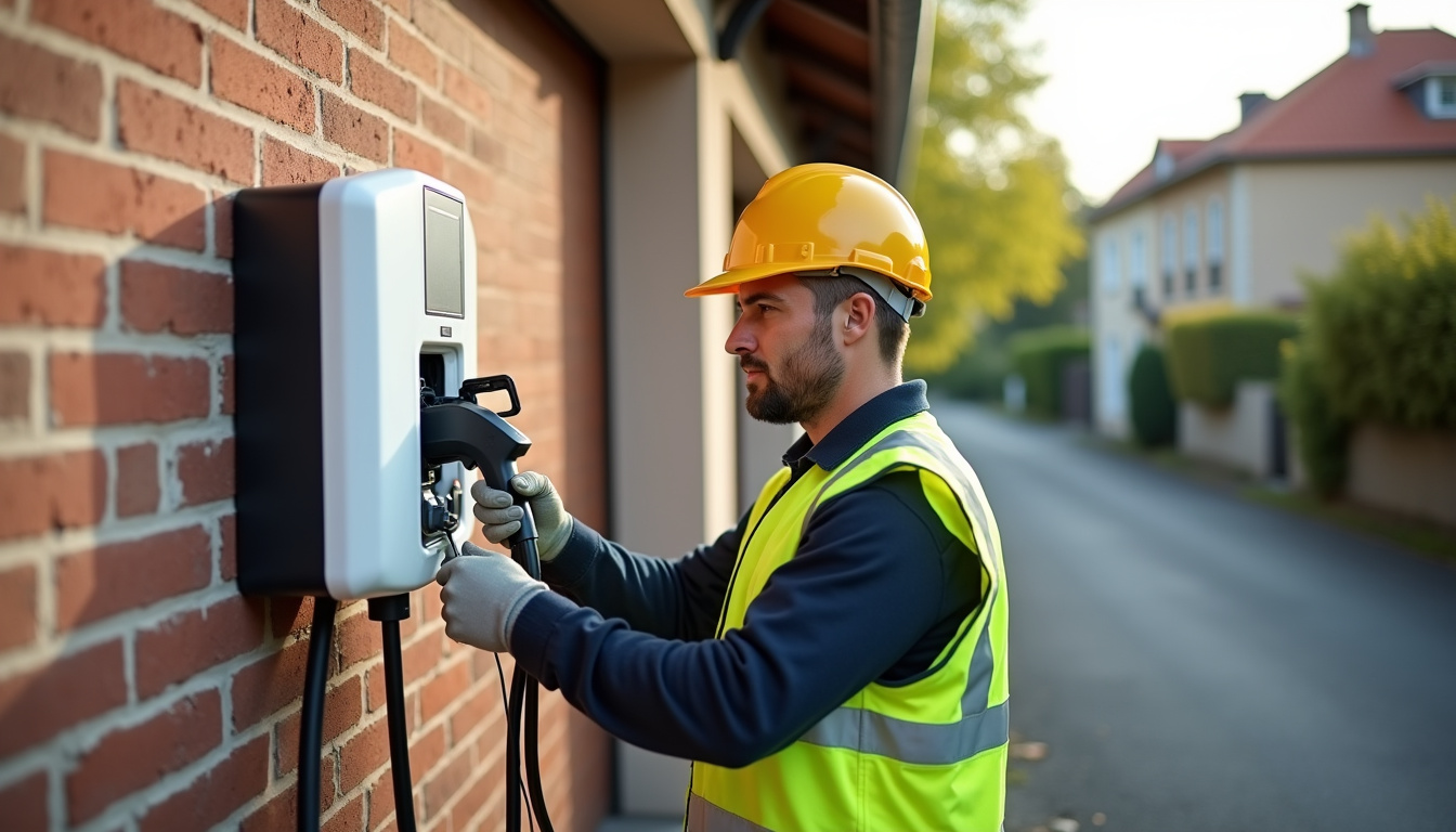 Électricien en train d’installer une borne de recharge à Val-de-Cognac
