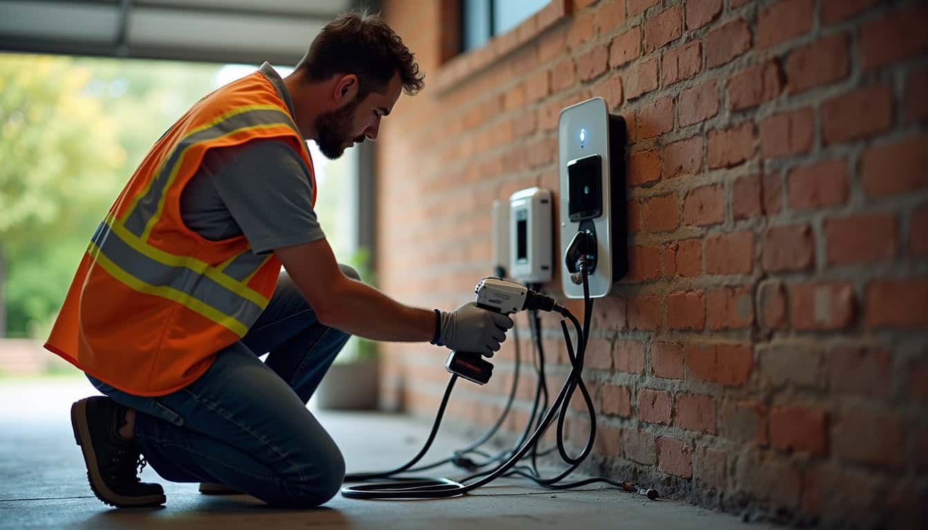Électricien en train d'installer une borne de recharge chez un particulier