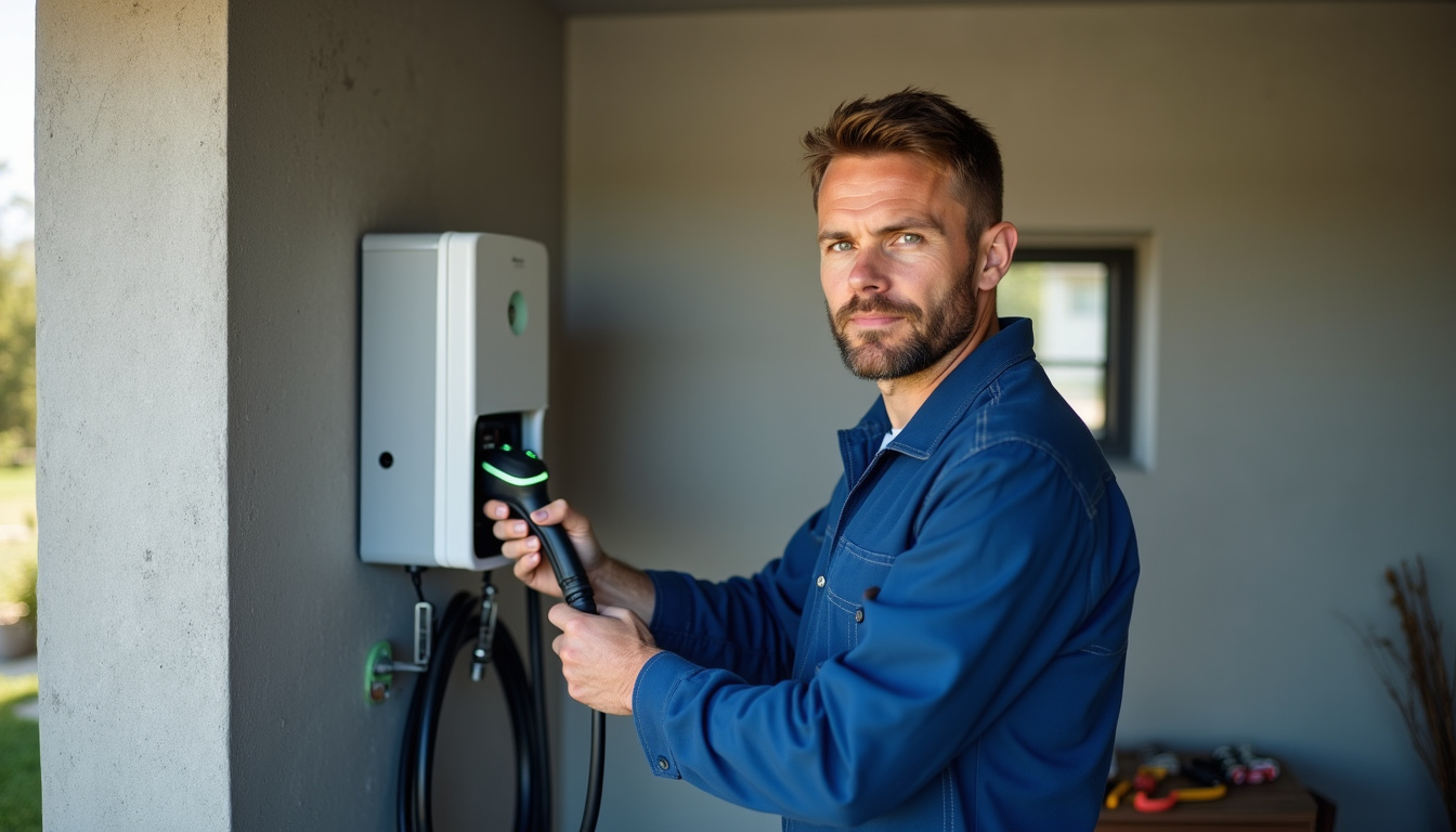 Électricien en train d’installer une borne de recharge dans un garage à Ambleteuse