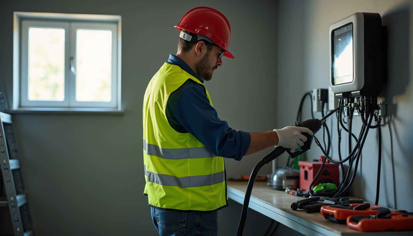Électricien en train d'installer une borne de recharge dans un garage à Beauce la Romaine