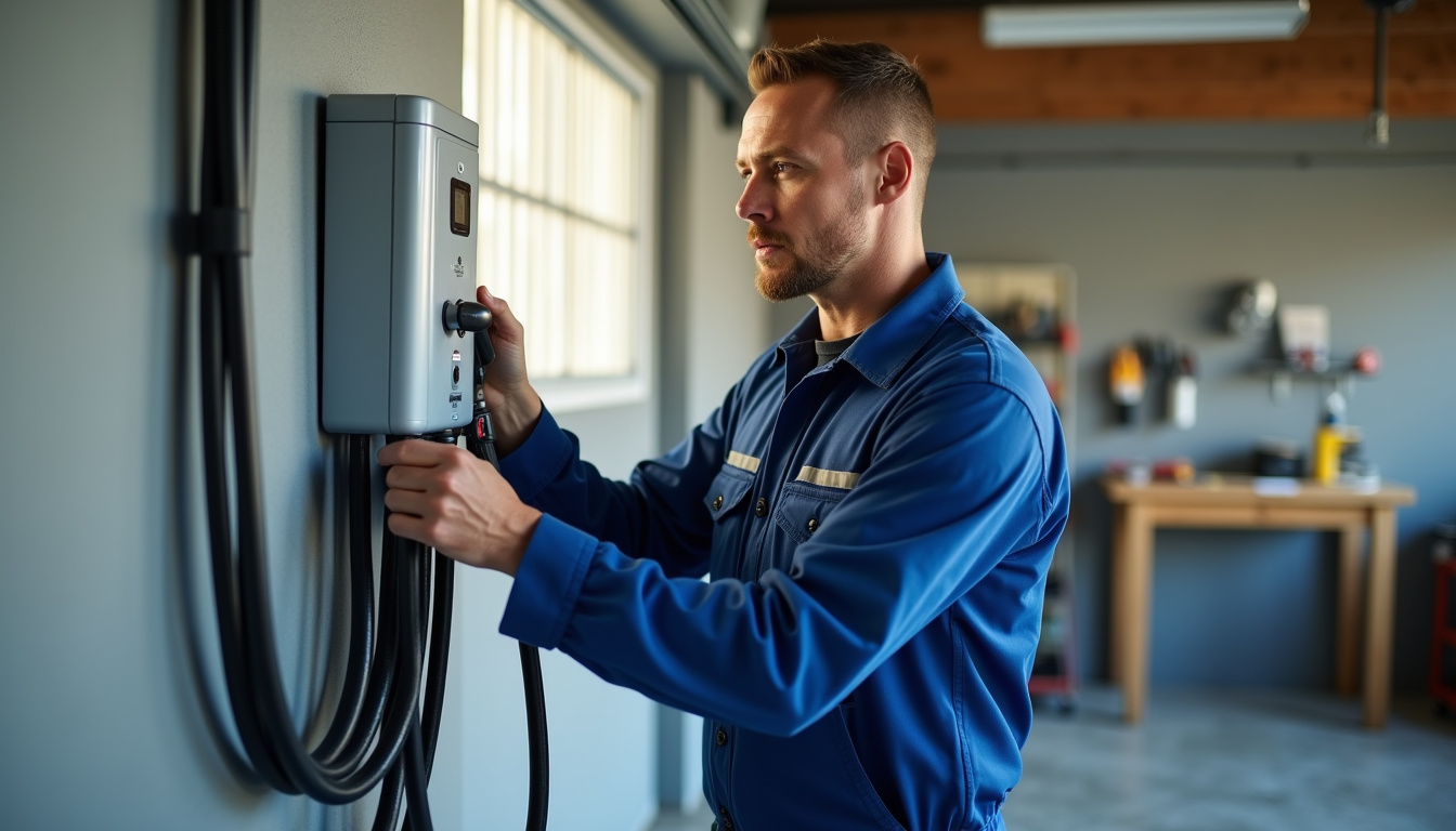 Électricien en train d’installer une borne de recharge dans un garage à Bretenoux