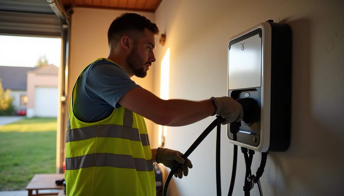 Électricien en train d'installer une borne de recharge dans un garage à Cognac-la-Forêt
