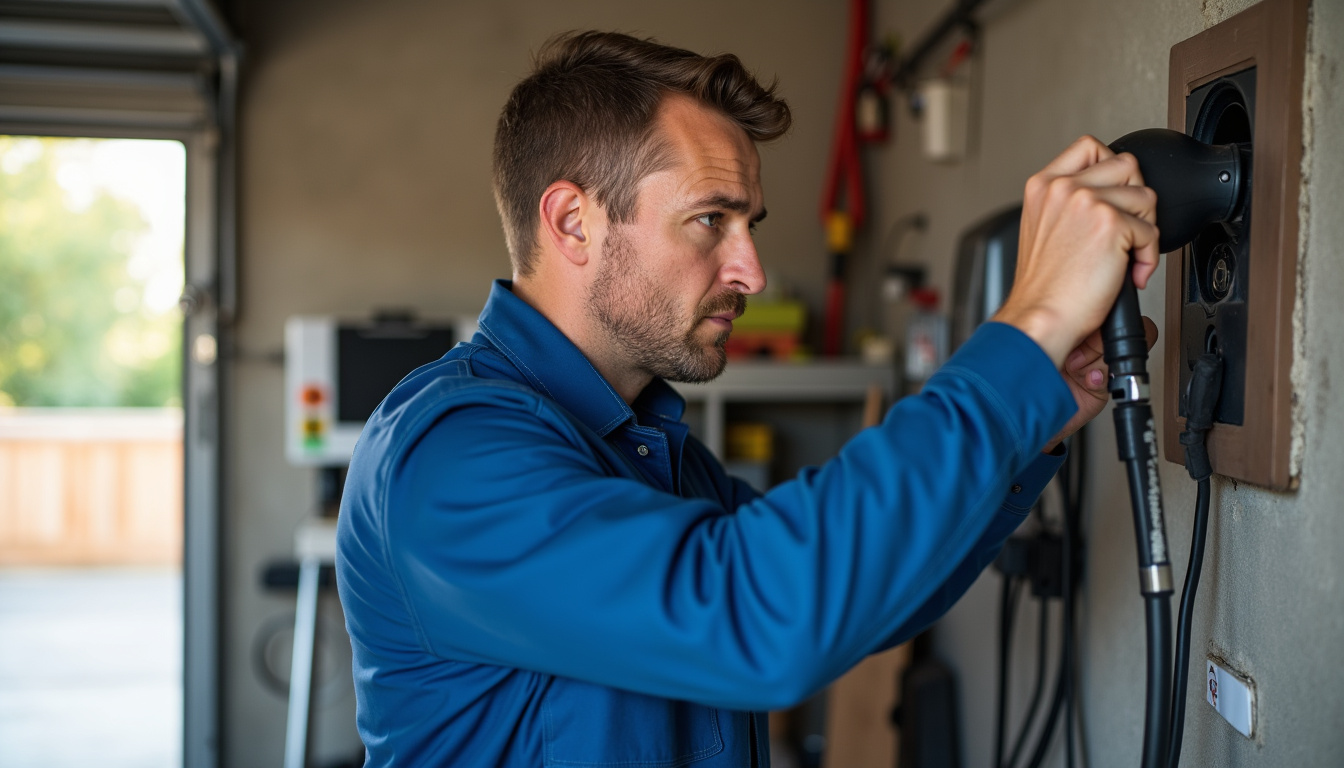 Électricien en train d'installer une borne de recharge dans un garage à Colayrac-Saint-Cirq