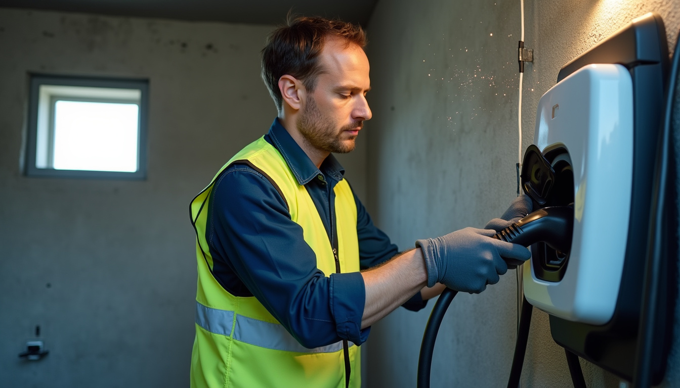 Électricien en train d’installer une borne de recharge dans un garage à Cubzac-les-Ponts