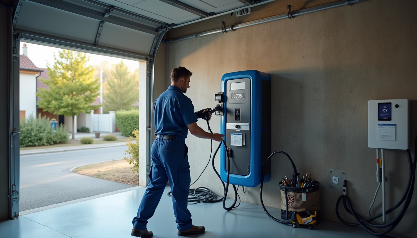 Électricien en train d'installer une borne de recharge dans un garage à Dieupentale