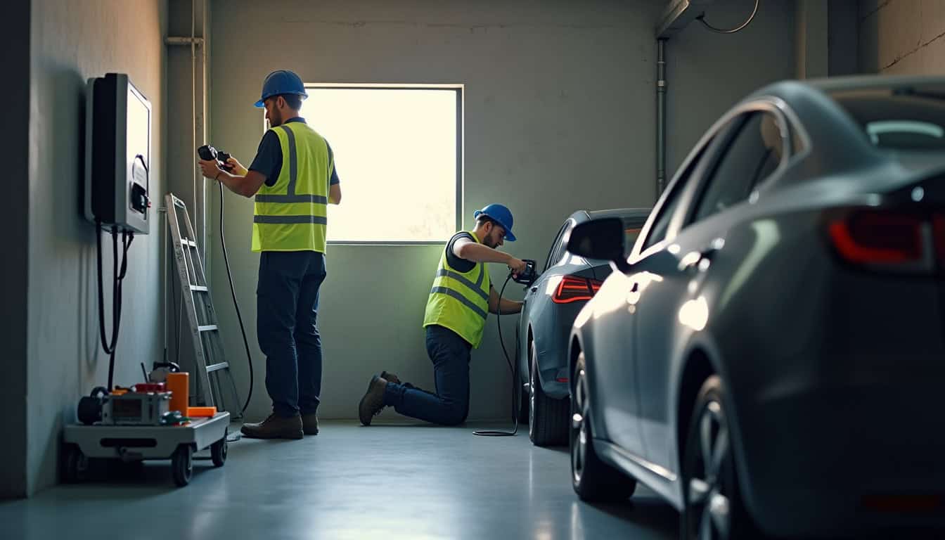 Électricien en train d'installer une borne de recharge dans un garage à Étain