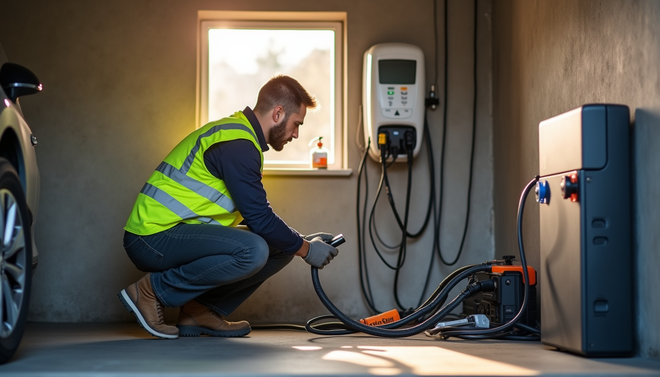 Électricien en train d'installer une borne de recharge dans un garage à Feillens