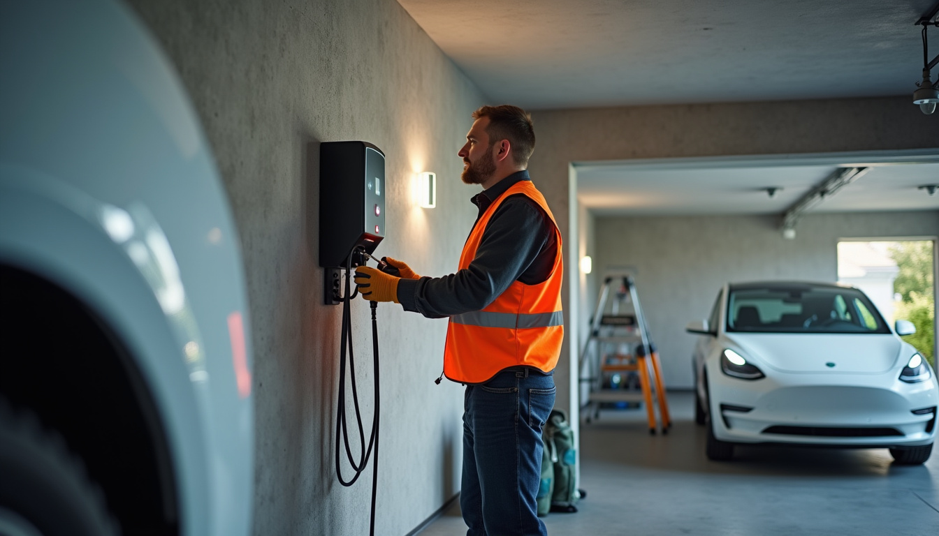 Électricien en train d'installer une borne de recharge dans un garage à Hipsheim