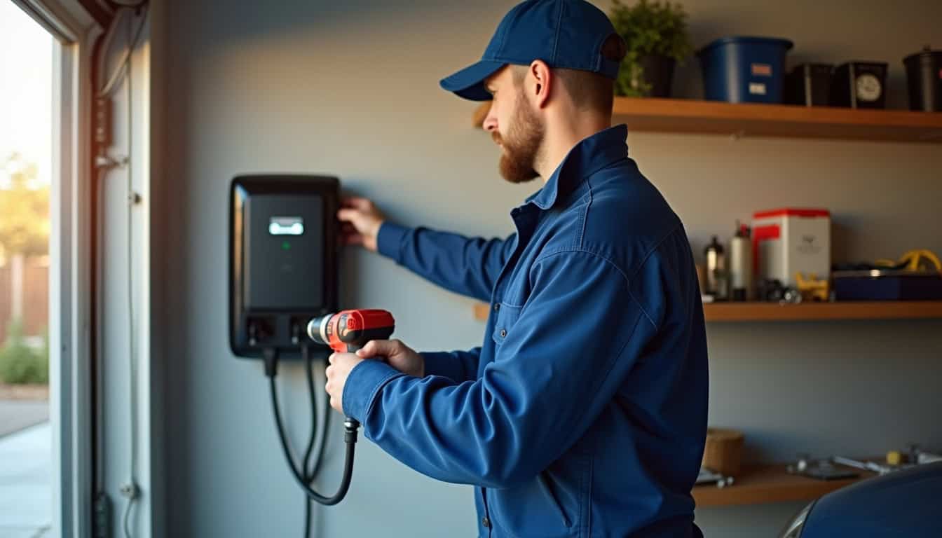 Électricien en train d'installer une borne de recharge dans un garage à Jouy-le-Châtel