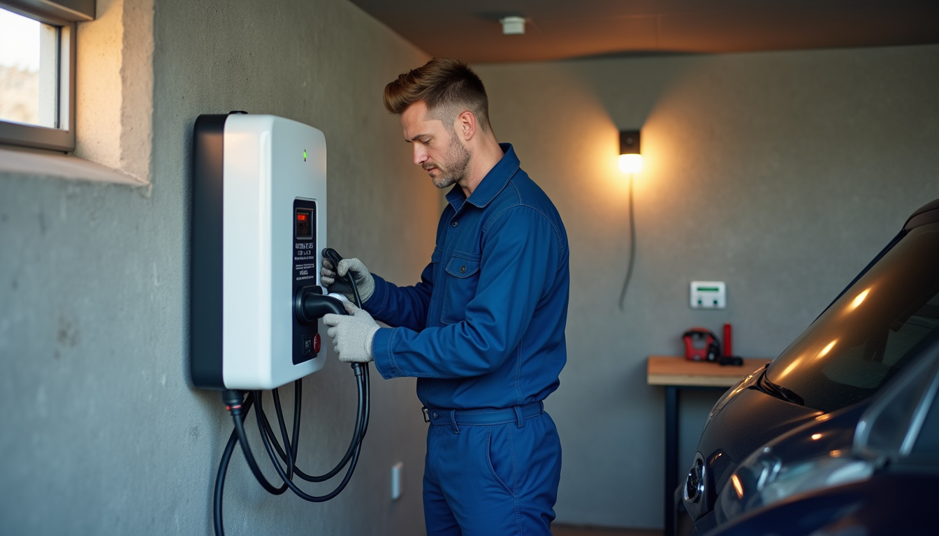 Électricien en train d'installer une borne de recharge dans un garage à Le Folgoët
