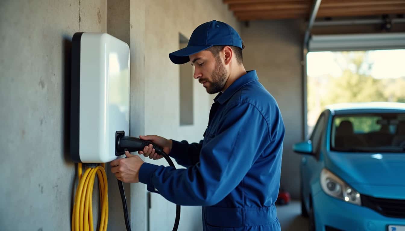 Électricien en train d'installer une borne de recharge dans un garage à Le Vivier-sur-Mer