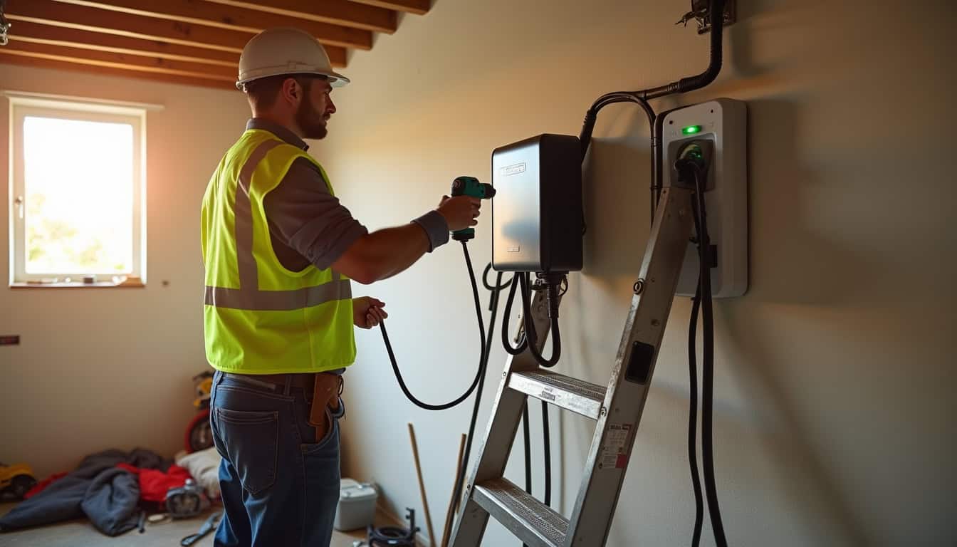 Électricien en train d'installer une borne de recharge dans un garage à Lieuran-lès-Béziers