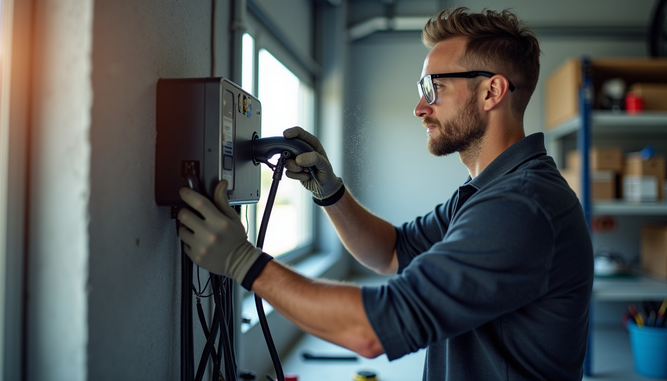 Électricien en train d'installer une borne de recharge dans un garage à Mauron, avec équipement de sécurité et câblage conforme aux normes