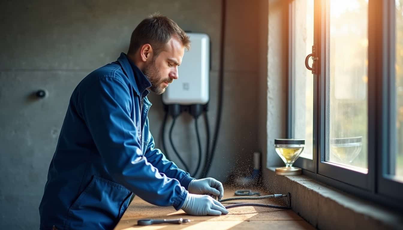 Électricien en train d'installer une borne de recharge dans un garage à Mortagne-du-Nord